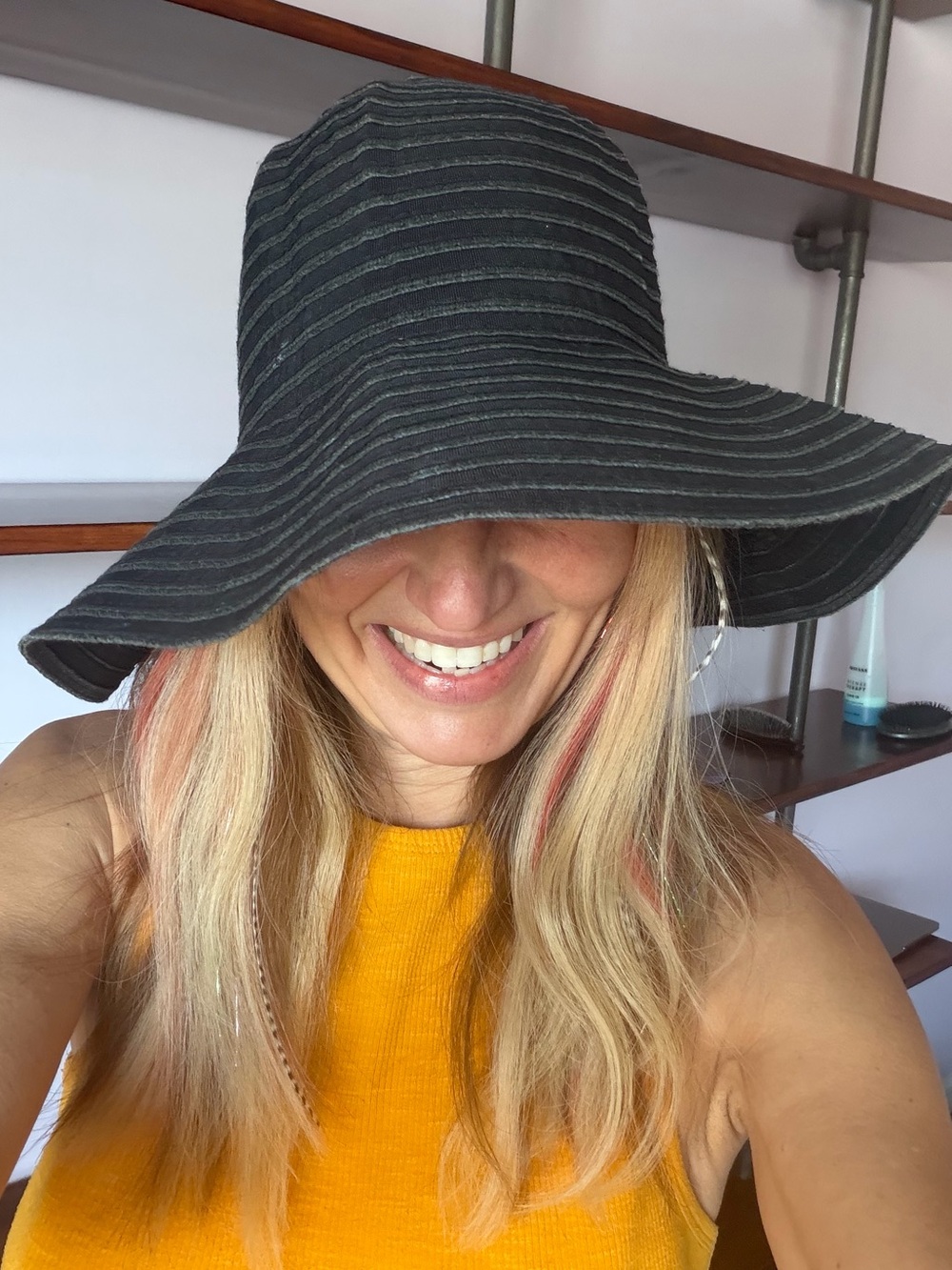 Wide Brim Striped Sun Hat - Black